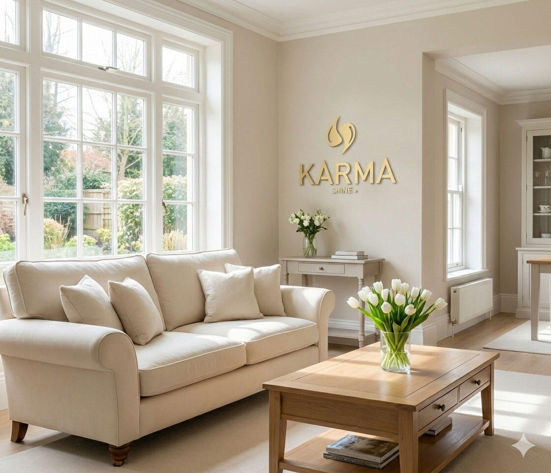 Haushaltsreinigung und Putzhilfe in Görlitz – KARMA SHINE Strahlend sauberes Wohnzimmer mit frischen Blumen – Beispiel für unsere professionelle Wohnungsreinigung in Görlitz